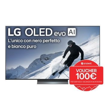 Vista frontale di una TV 65 pollici LG OLED evo AI C5 4K Smart TV 2025 OLED65C55LA con bollo promozione